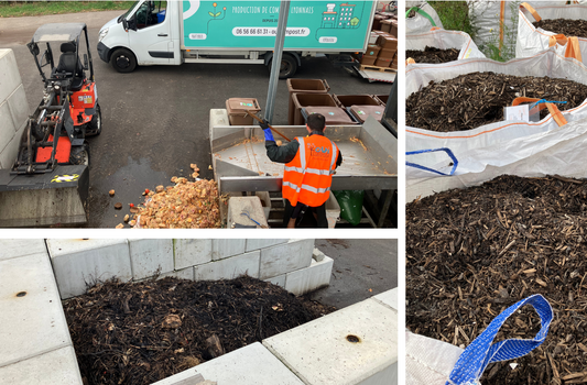 Processus de compostage urbain à OuiCompost Un collage de photos qui présentent le processus de traitement des déchets alimentaires sur le site de compostage urbain de OuiCompost à Lyon. Un agent de tri effectue le tri des déchets alimentaires sur la table de tri. Les déchets sont déversés dans un casier de compostage situé à côté de la table de tri. On voit un tas de biodéchets de former au fur et à mesure que les biodéchets sont triés. Sur la deuxième photo, on voit le compost maturer dans les casiers de compostage sur le site de compostage de OuiCompost. La troisième photo présente des big bags remplis de compost mûr et prêt pour la vente. Le compost est bien sombre, avec de la bonne granulométrie.