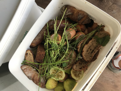 Bac pour la collecte de biodéchets 22 litres Un seau blanc carré rempli de déchets de cuisine. On voit les restes de fruits et de la verdure.