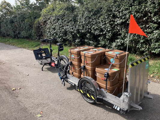 Collecte de bac à biodéchets de 22l en vélo électrique avec une remorque Un vélo cargo avec une remorque est chargé des petits bacs à biodéchets que OuiCompost utilise pour la collecte de déchets organiques à Lyon. Les bacs marrons de 22 litres sont fixés sur la remorque avec les sangles. Le chargement est prêt pour la collecte.