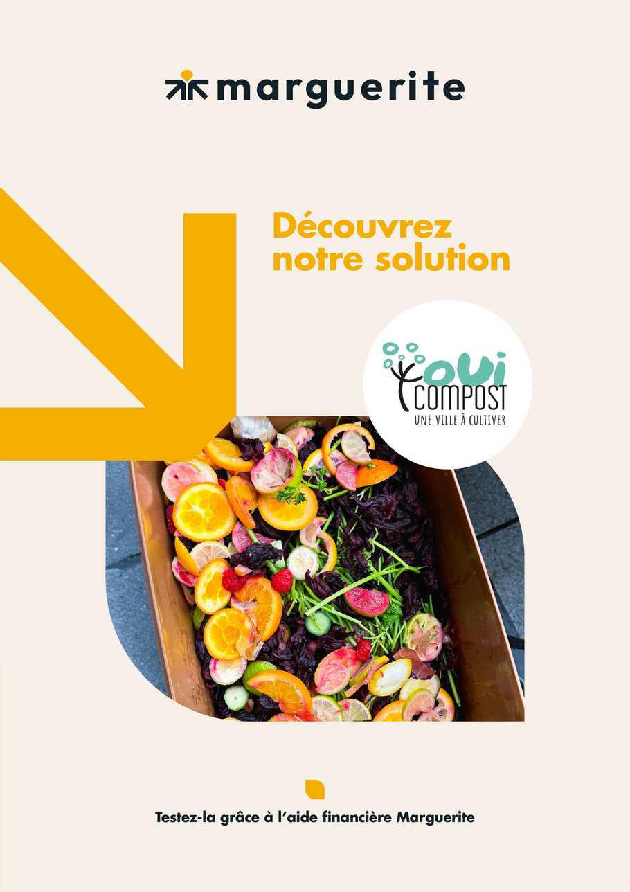 Programme Marguerite Lyon Une présentation du programme Marguerite qui finance les expérimentation de solution logistiques durables pour les artisants et commerçants à Lyon. Sur l'affiche du programme, on voit un bac avec les biodéchets dedans : déchets alimentaires de cuisine récupérés par OuiCompost chez un restaurateur lyonnais, le logo du programme Marguerite et le logo de OuiCompost.