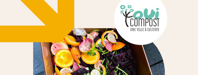 Une présentation du programme Marguerite qui finance les expérimentation de solution logistiques durables pour les artisants et commerçants à Lyon. Sur l'affiche du programme, on voit un bac avec les biodéchets dedans : déchets alimentaires de cuisine récupérés par OuiCompost chez un restaurateur lyonnais, le logo du programme Marguerite et le logo de OuiCompost.