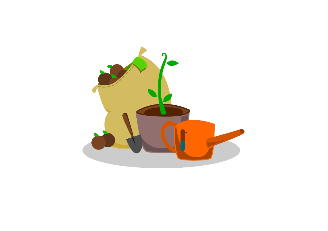 Utilisation de compost en rempotage OuiCompost Une image d'un pot de fleur posé à côté d'un sac de compost et d'un arrosoir. Une petite pelle est posé à côté du sac pour effectuer le rempotage de la plante en mettant du compost.