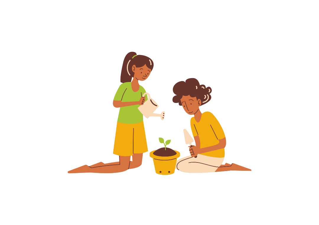 Utilisation du compost pour l'entretien des plantes OuiCompost Deux enfants , fille et garçon, soupoudrent une plante en pot avec du compost pour l'entretenir et nourrir la terre.