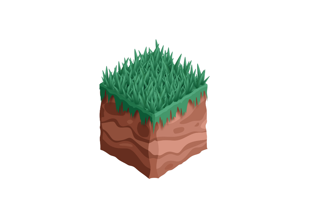 Utiliser le compost en pleine terre OuiCompost Une coupe d'un bloc de terre où on voit les couches du sol sous une couche d'herbe pour expliquer que le compost peut être mis directement sans le sol pour nourrir la terre en profondeur.